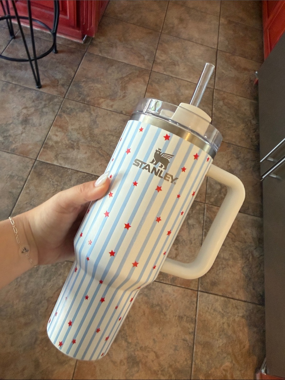 Stanley Light Blue & White Striped Insulated Tumbler with Red Stars
